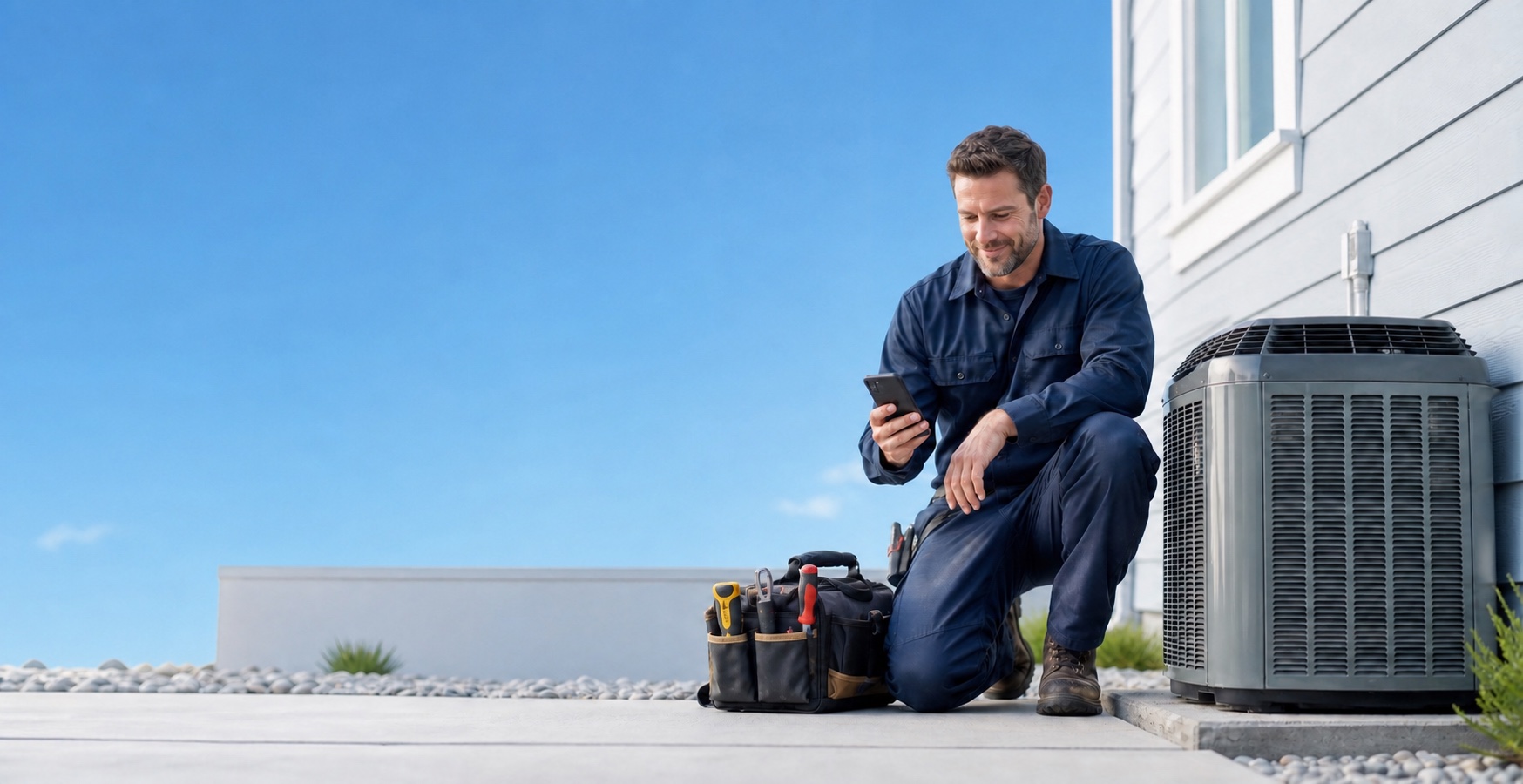 Residential HVAC contractor reviewing an invoice on his phone beside an air conditioner